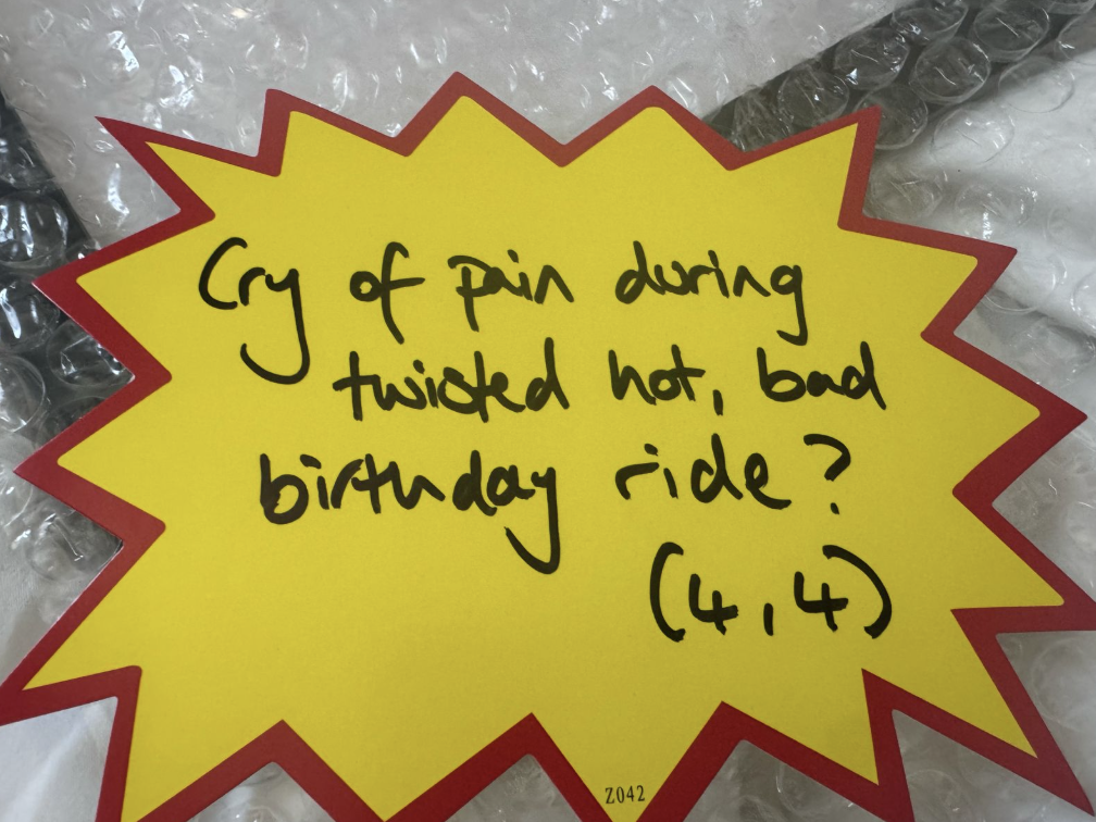 Crypic crossword clue: Cry of pain during twisted hot, bad birthday ride? (4,4)
