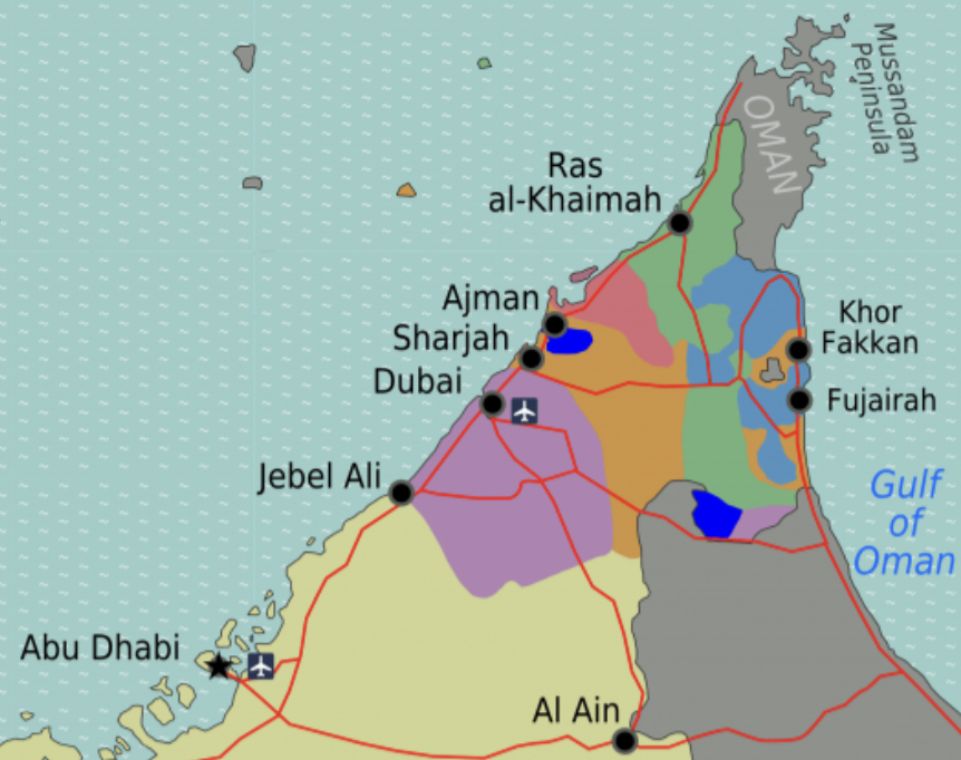 Map showing interwoven geographical dispersal of UAE emirates and Oman